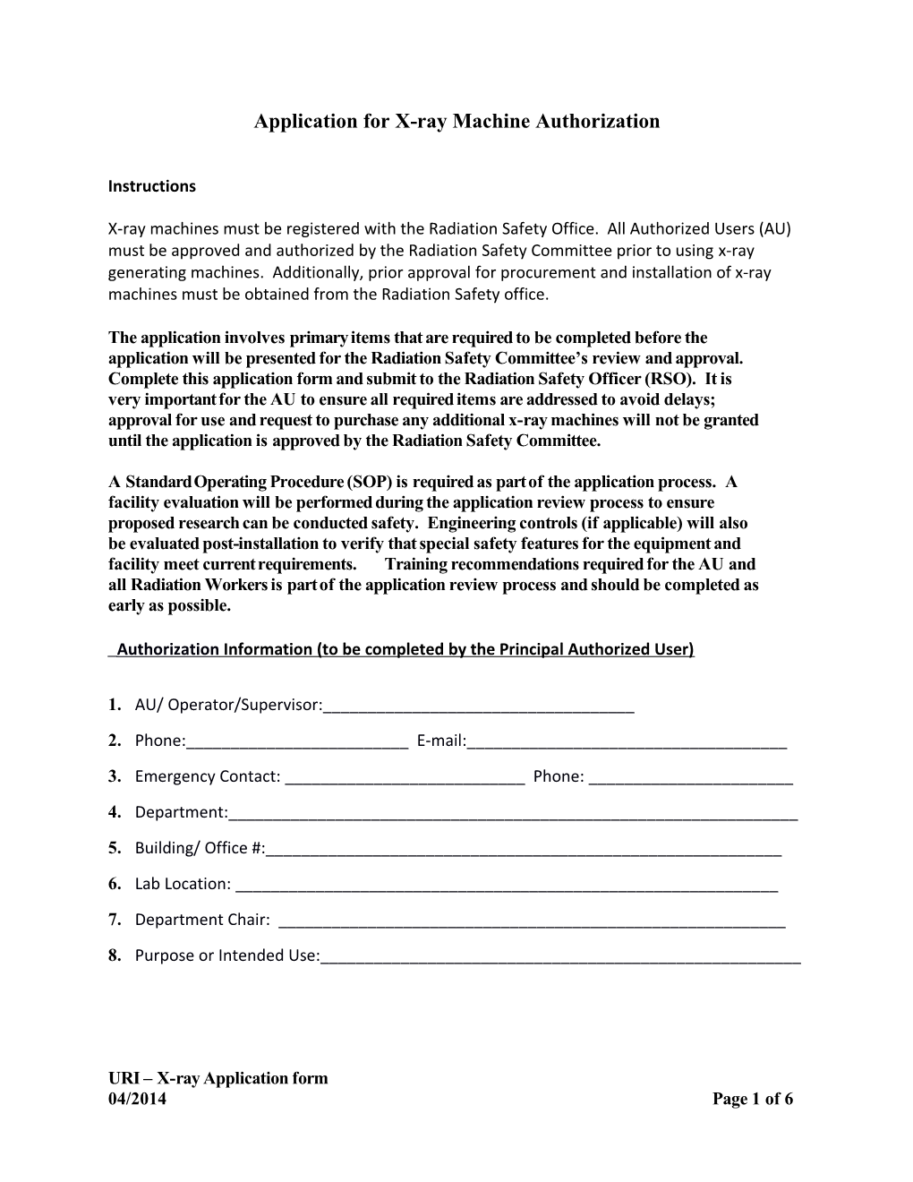 Application for X-Ray Machine Authorization