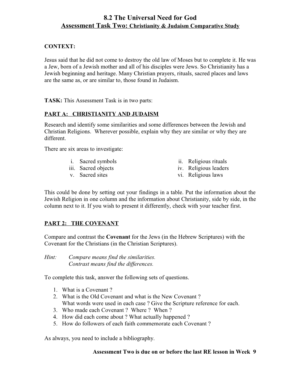 Assessment Task Two: Christianity & Judaism Comparative Study