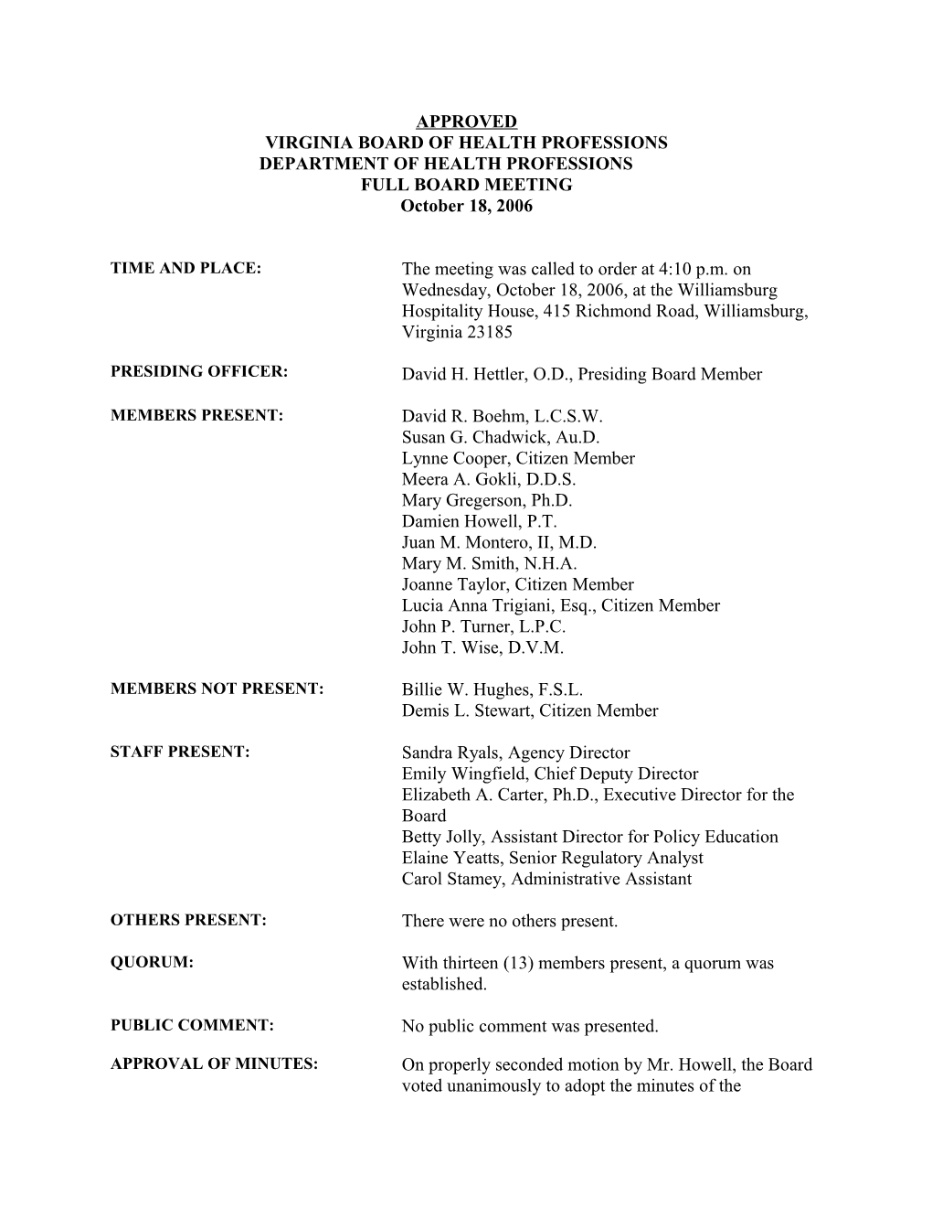 VIRGINIA BOARD of HEALTH PROFESSIONS 10-18-2006 Meeting Minutes