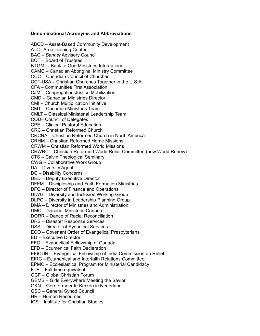 Denominational Acronyms and Abbreviations