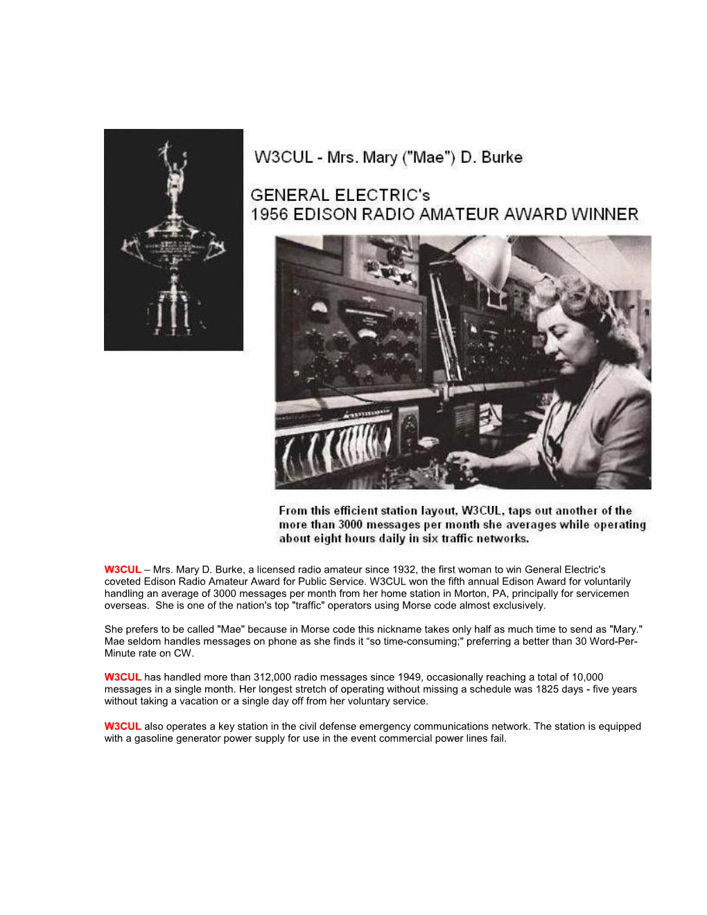 W3CUL Mrs. Mary D. Burke, a Licensed Radio Amateur Since 1932, the First Woman to Win General