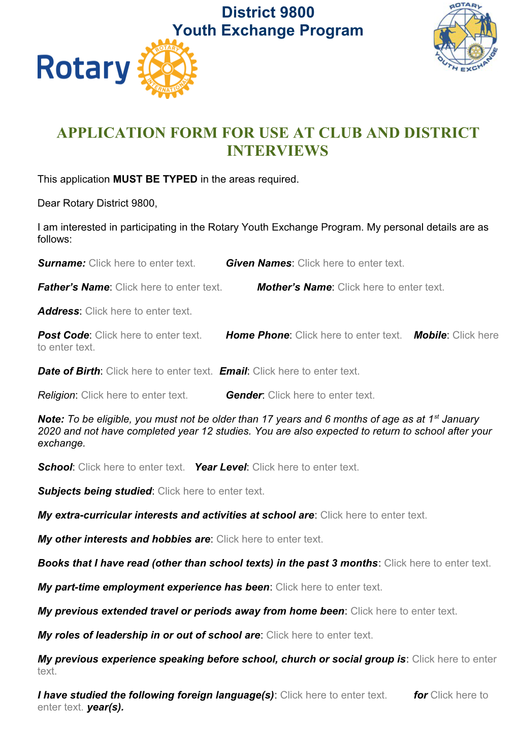 Application Form for Use at Club and District Interviews