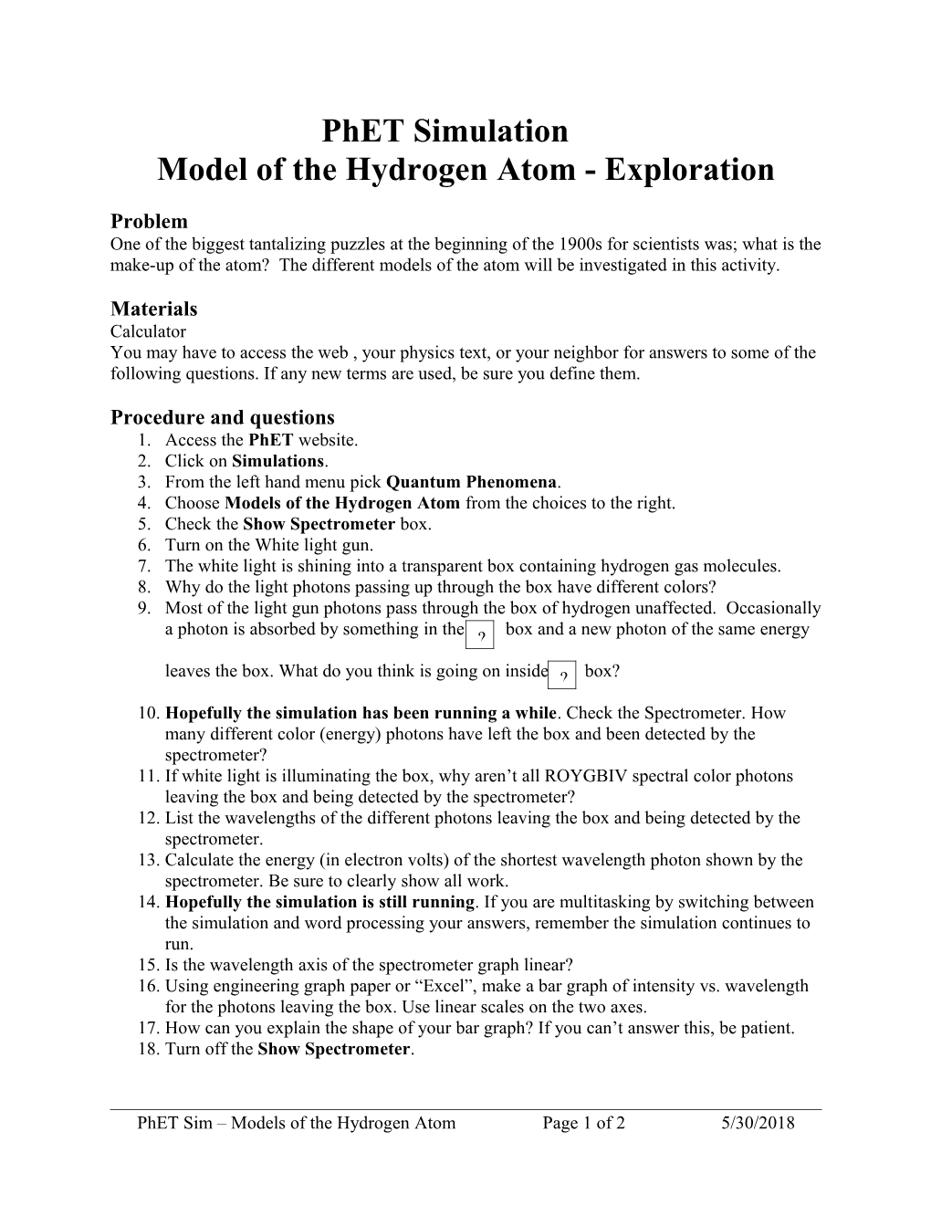 Model of the Hydrogen Atom - Exploration