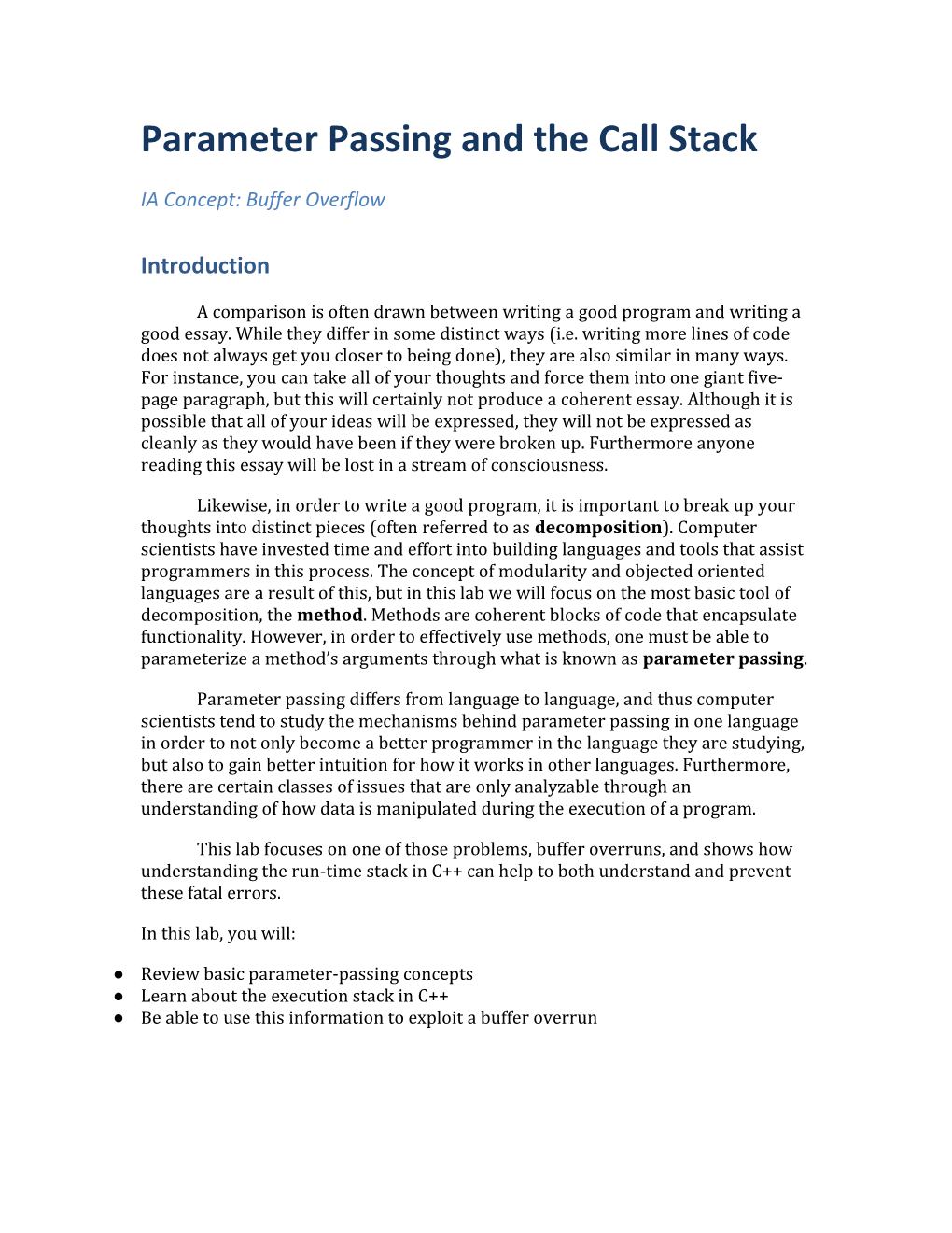 Parameter Passing and the Call Stack