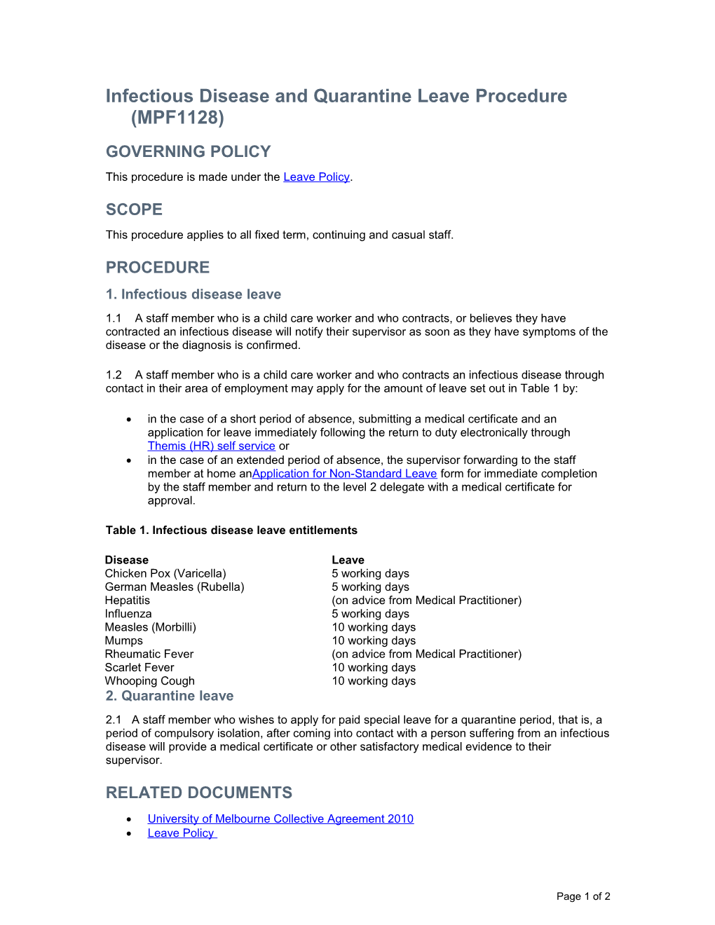 Infectious Disease and Quarantine Leave Procedure (MPF1128)