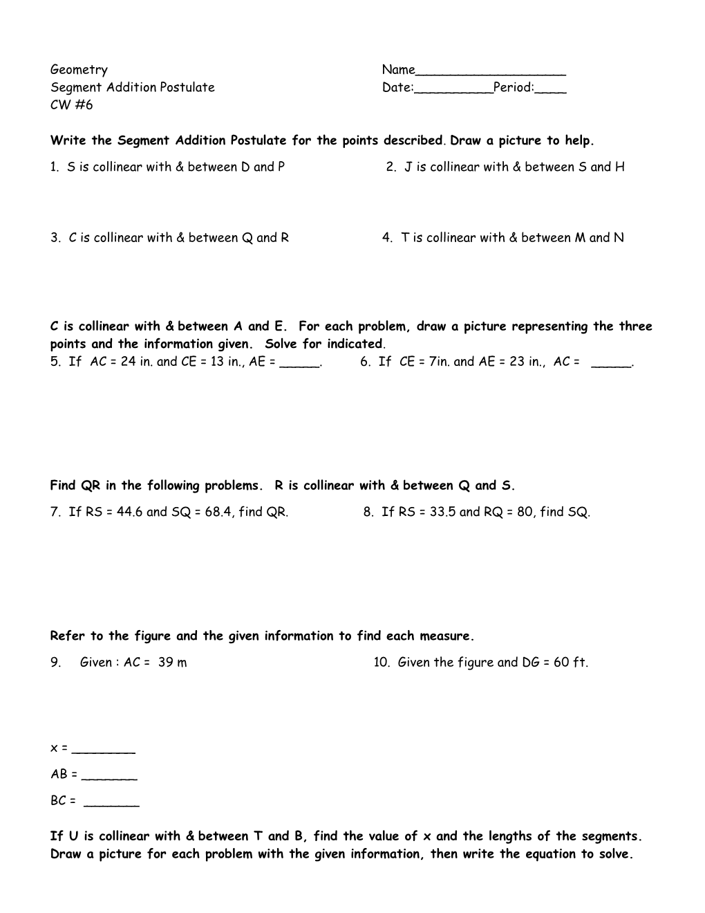 Segment Addition Worksheet