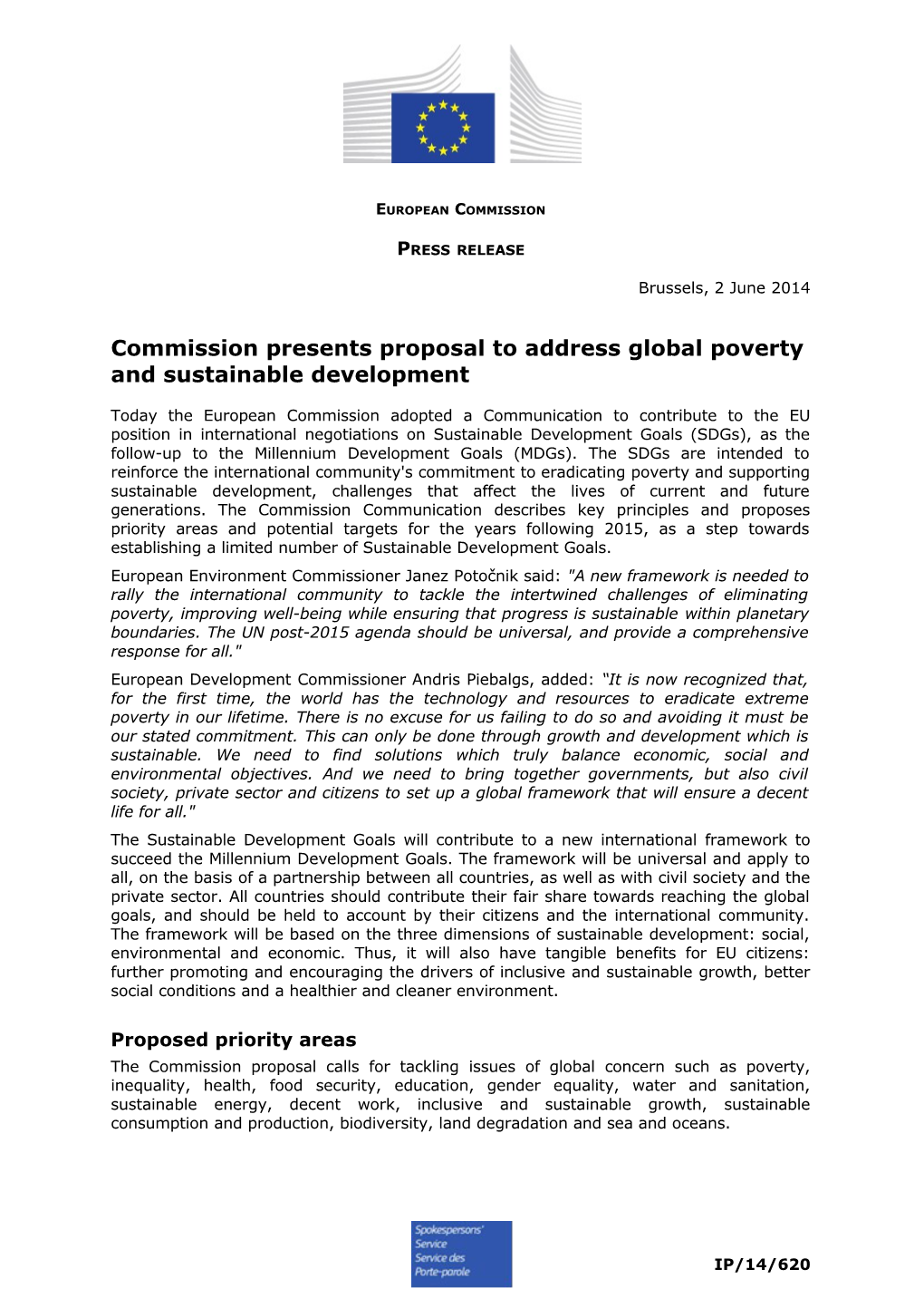 Commission Presents Proposal to Address Global Poverty and Sustainable Development