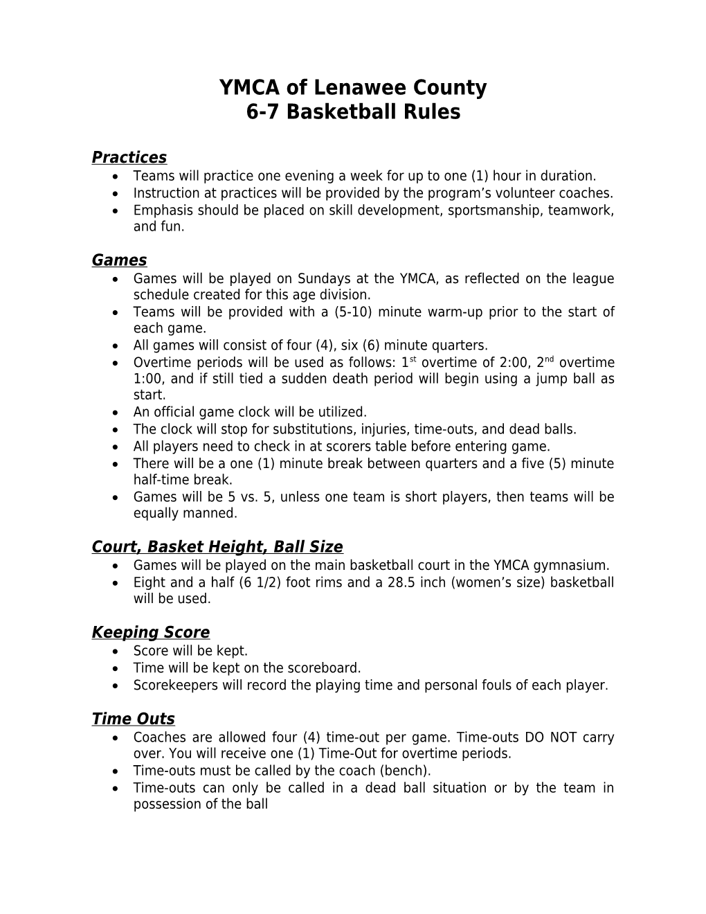 7 and 8 Year Old Youth Basketball Rules