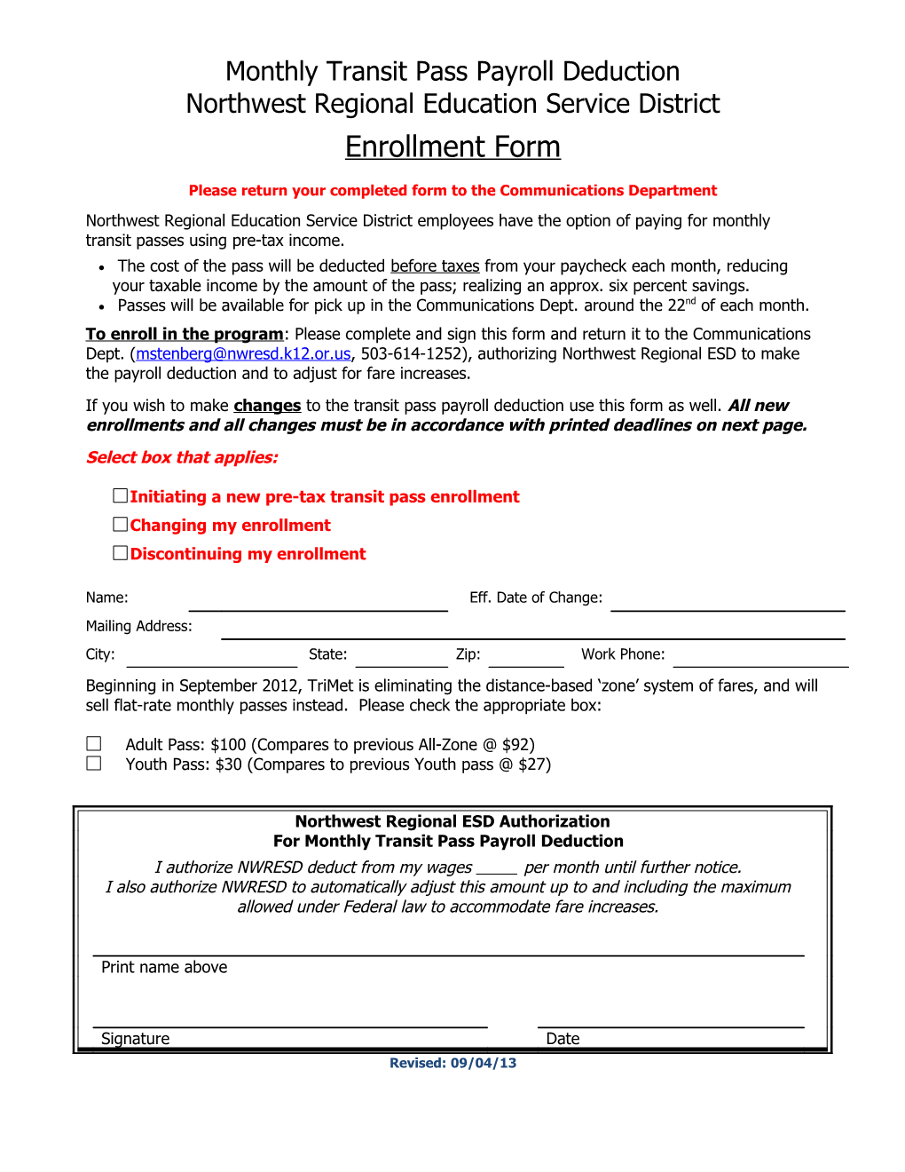 ODOT Employee Monthly Transit Enrollment Form