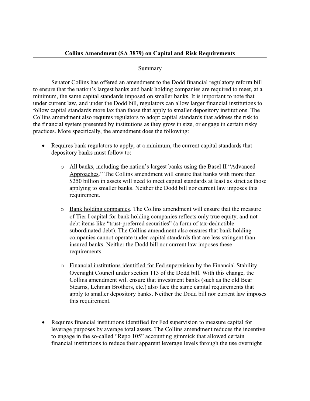 Collins Amendment (SA 3879) on Capital and Risk Requirements