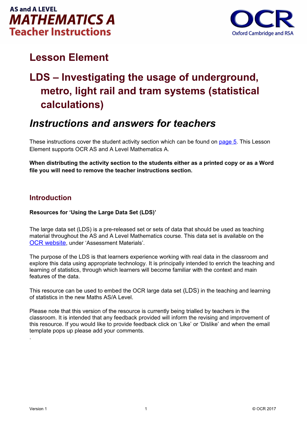 OCR AS and a Level Mathematics a Lesson Element - LDS Investigating the Usage of Underground