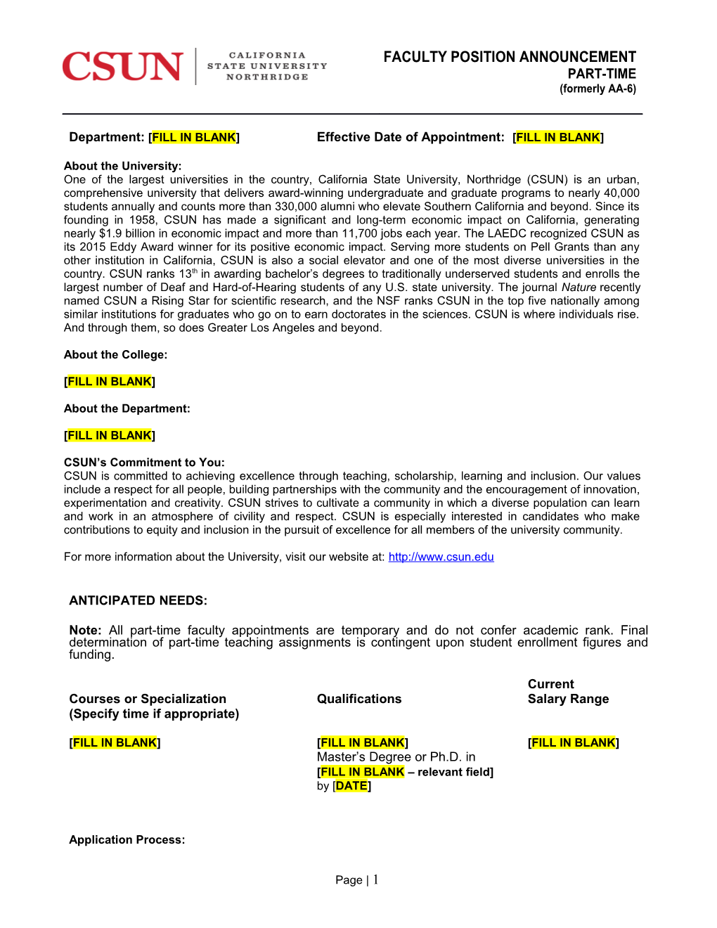 Department: FILL in BLANK Effective Date of Appointment: FILL in BLANK