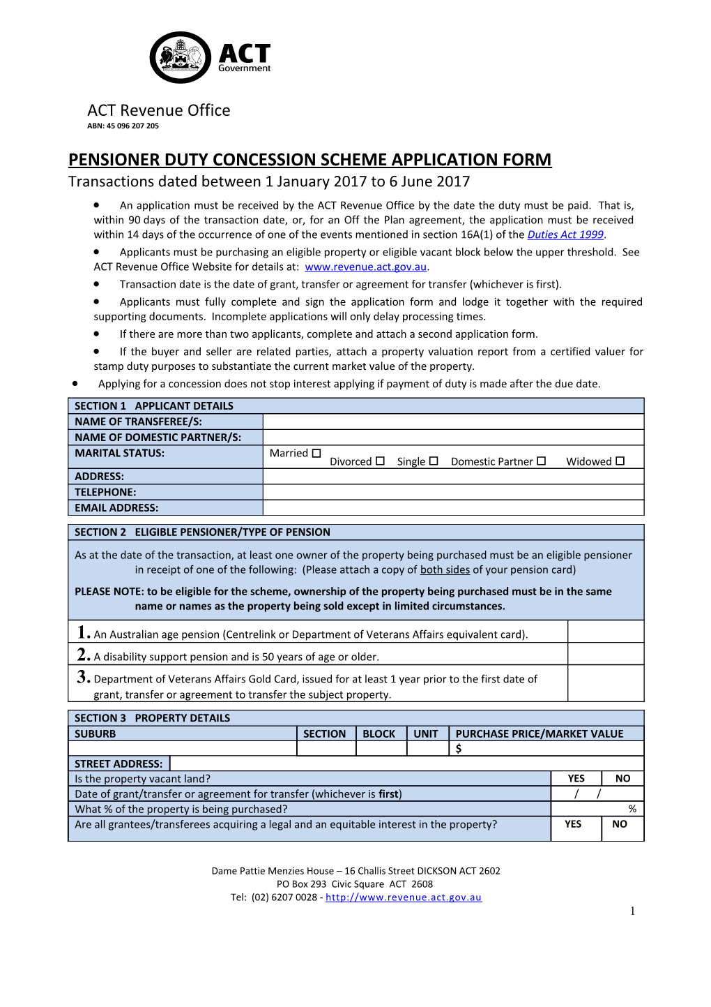 Pensioner Duty Concession 1 January 2017 to 30 June 2017