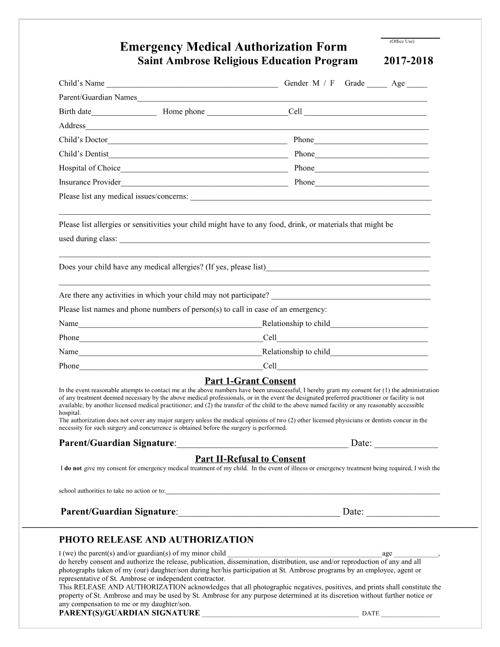 Emergency Medical Authorization Form