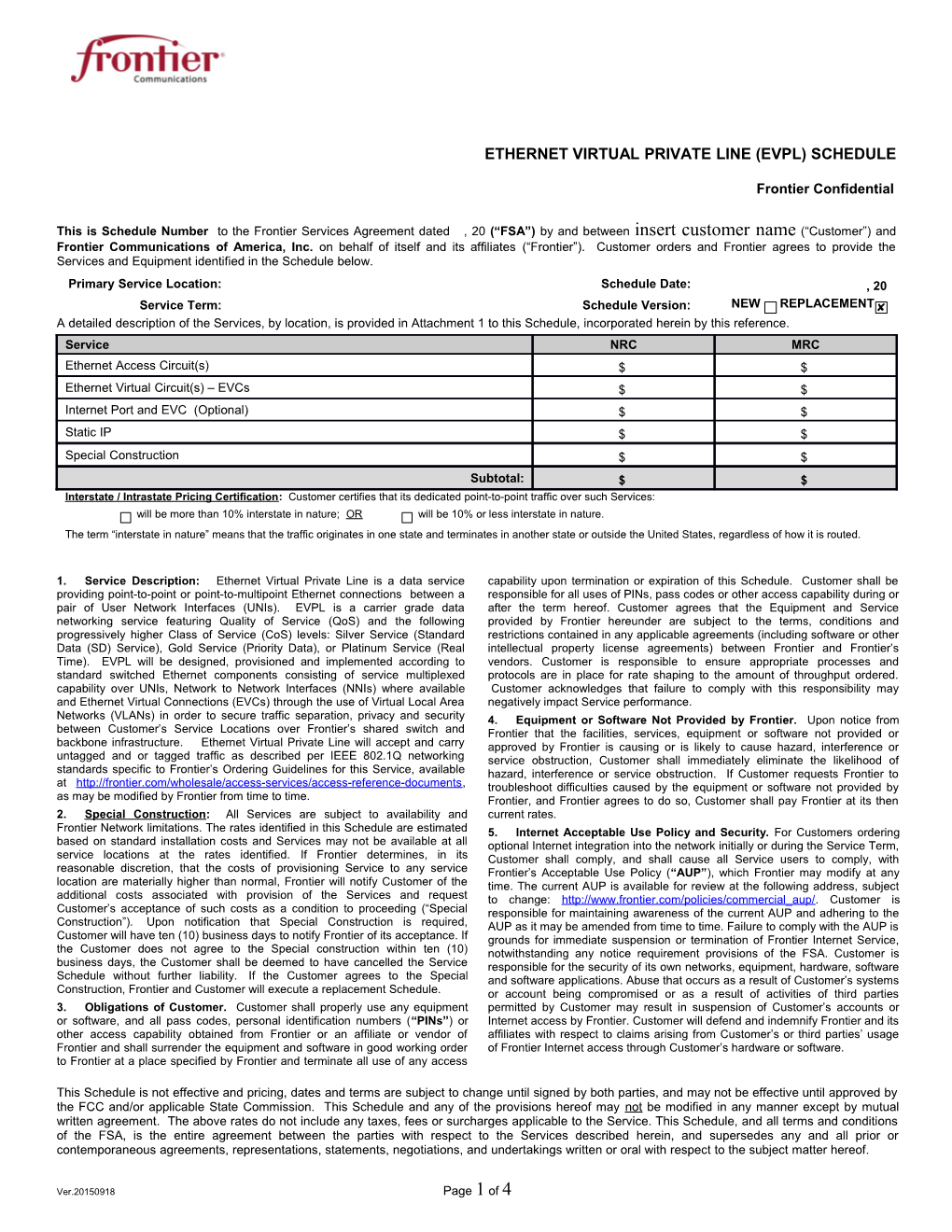 Frontier Services Agreement