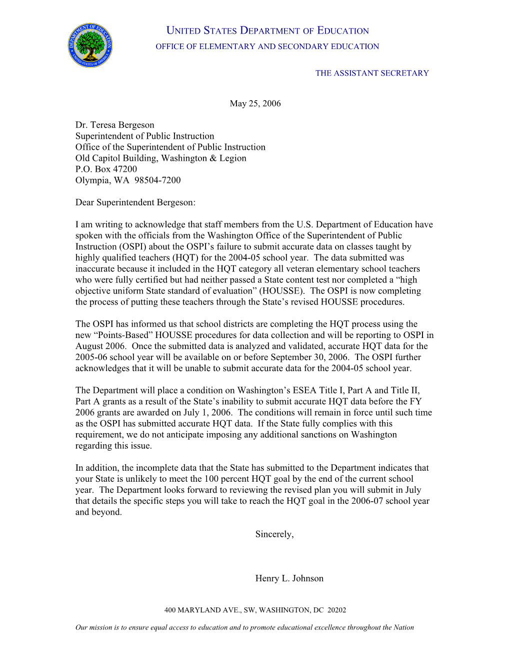 Letter to Washington Superintendent of Public Instruction from Assistant Secretary Office