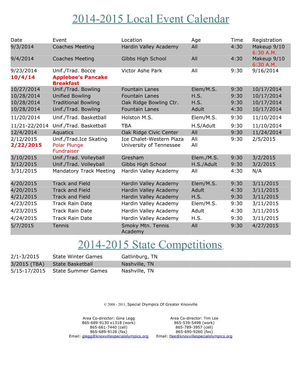 2014-2015 Local Event Calendar