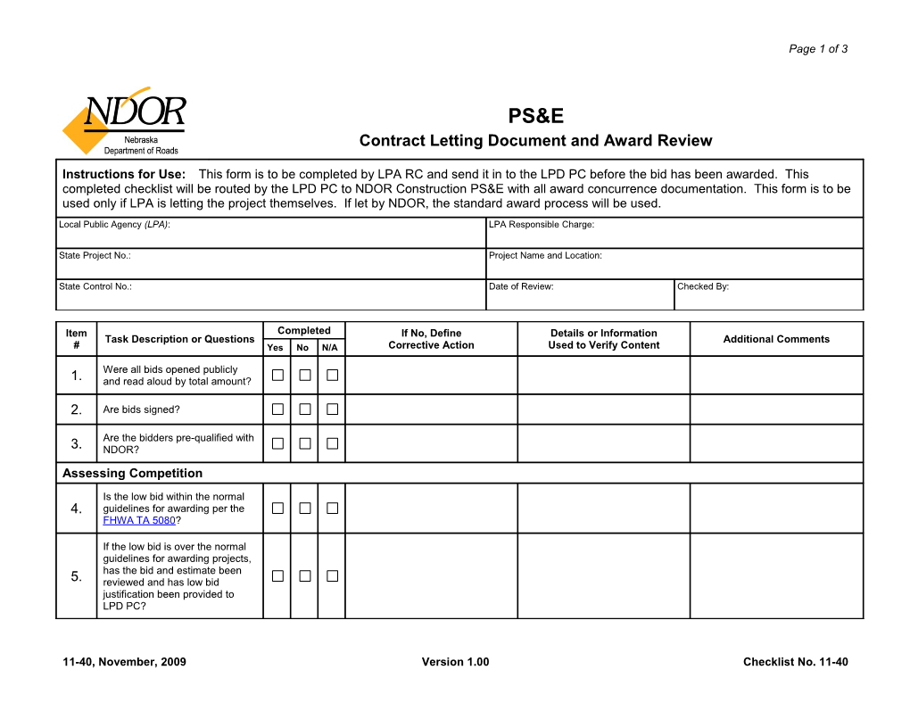 11-40, November, 2009 Version 1.00 Checklist No. 11-40