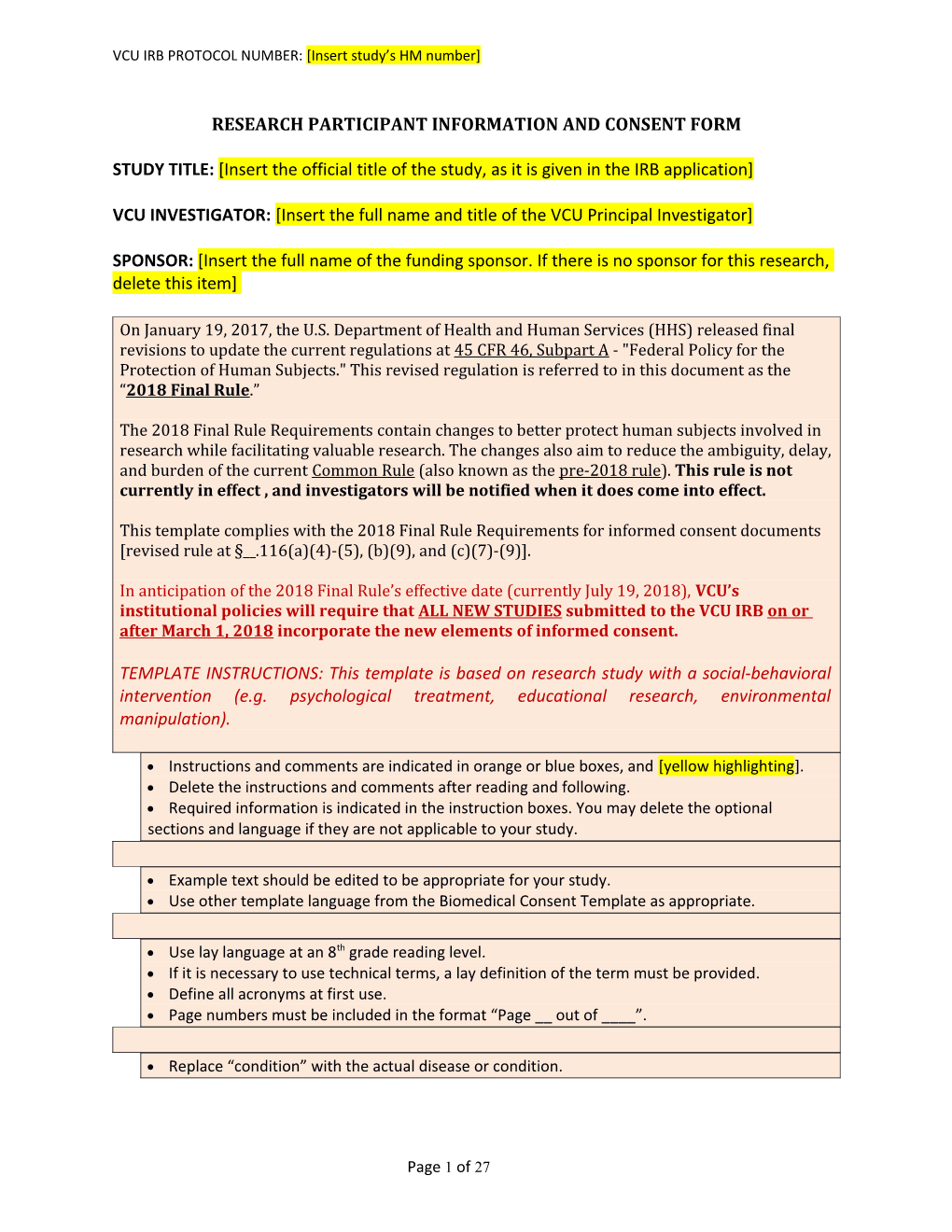 VCU IRB PROTOCOL NUMBER: Insert Study S HM Number