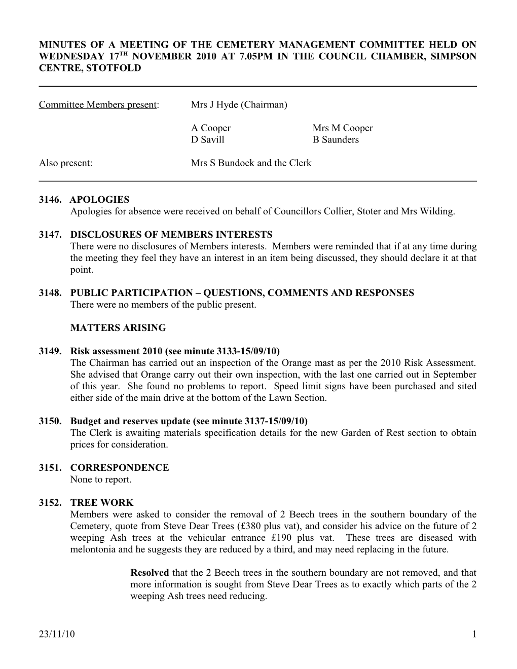 Minutes of a Meeting of the Cemetery Management Committee Held on Wednesday 17Th November