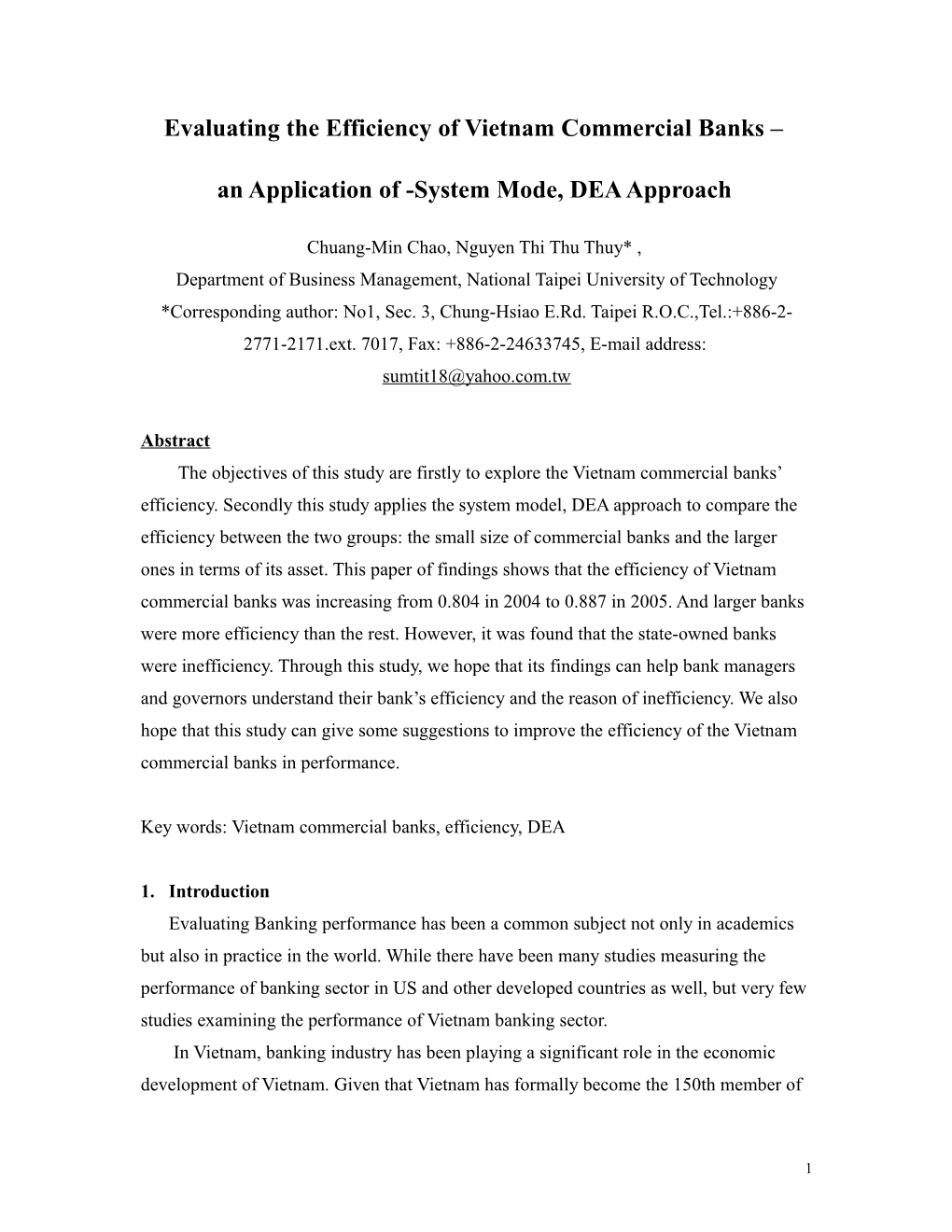 Evaluating the Efficiency of Vietnam Commercial Banks