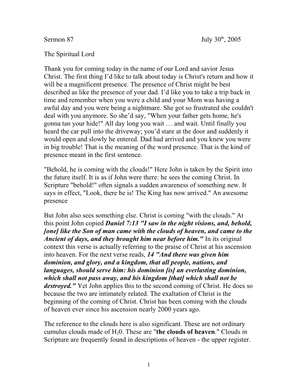 Revelation Sermon 1-7 the Parousia (Greek) of the Spirit-Lord