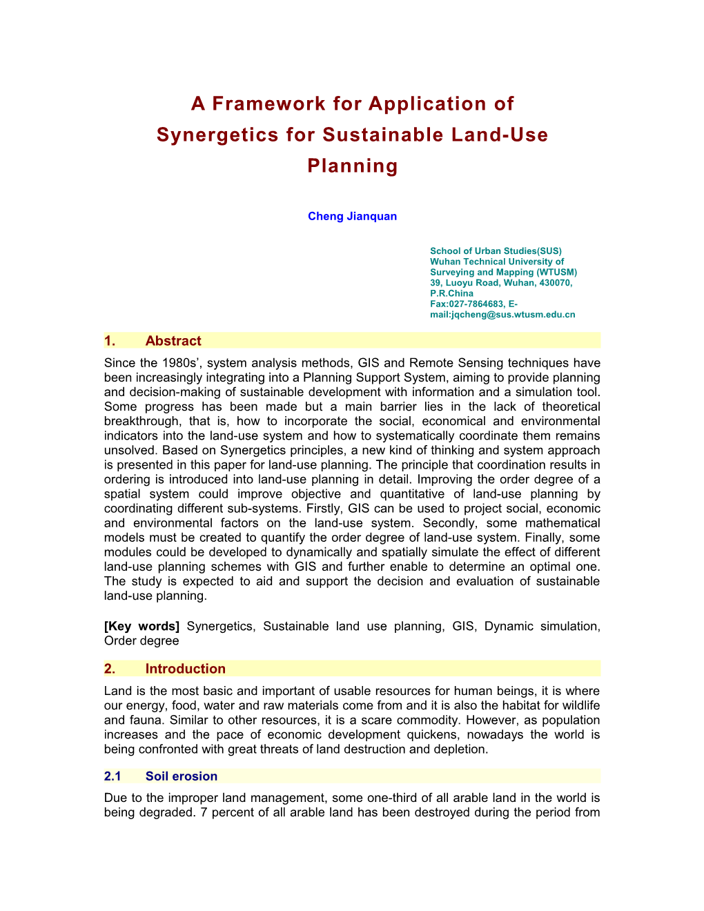 Title: Framework on Application of Synergetics to Sustainable Land-Use Planning