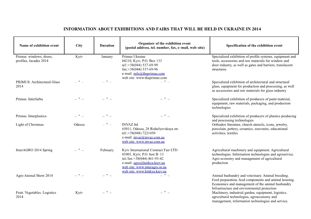 Information About Exhibitions and Fairs That Will Be Held in Ukraine in 2013