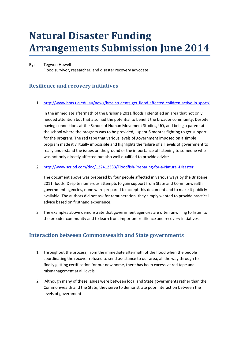 Submission 6 - Tegwen Howell - Natural Disaster Funding - Public Inquiry