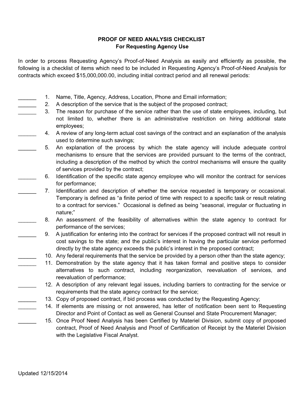 Proof of Need Analysis Checklist