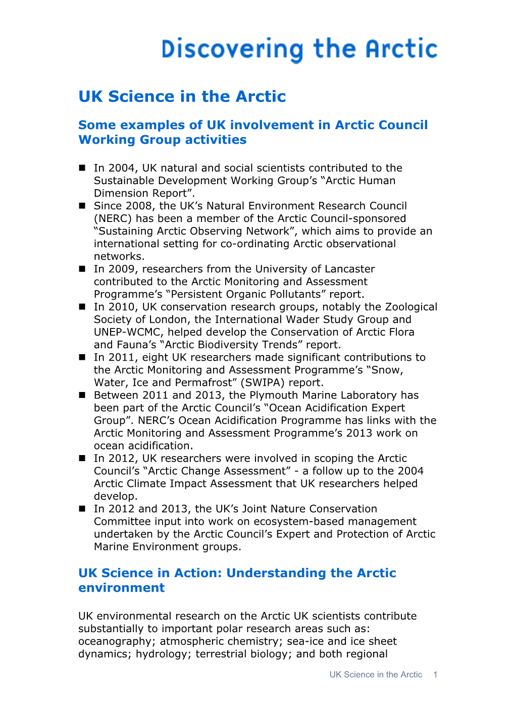 Some Examples of UK Involvement in Arctic Council Working Group Activities