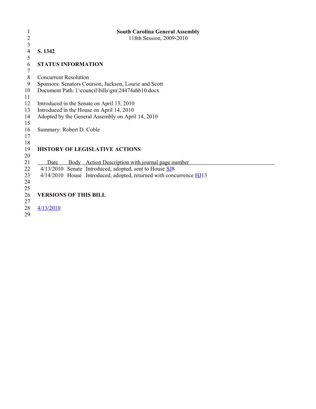 2009-2010 Bill 1342: Robert D. Coble - South Carolina Legislature Online