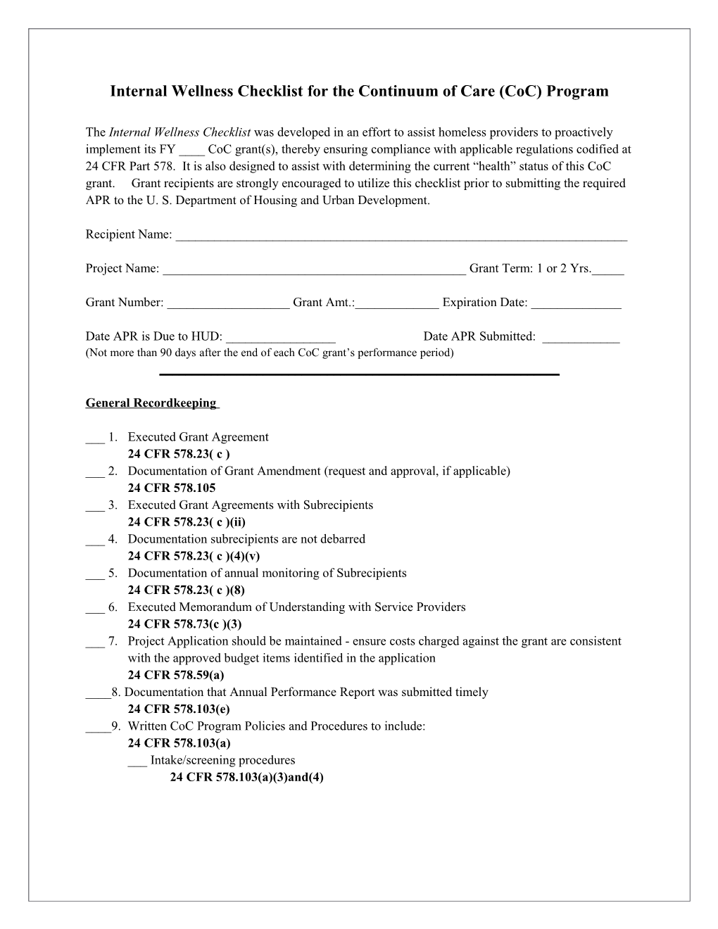 Internal Wellness Checklist for the Continuum of Care (Coc)Program