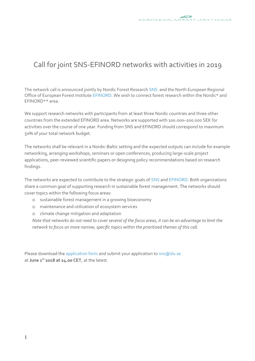 Call for Jointsns-Efinordnetworks with Activities in 2019