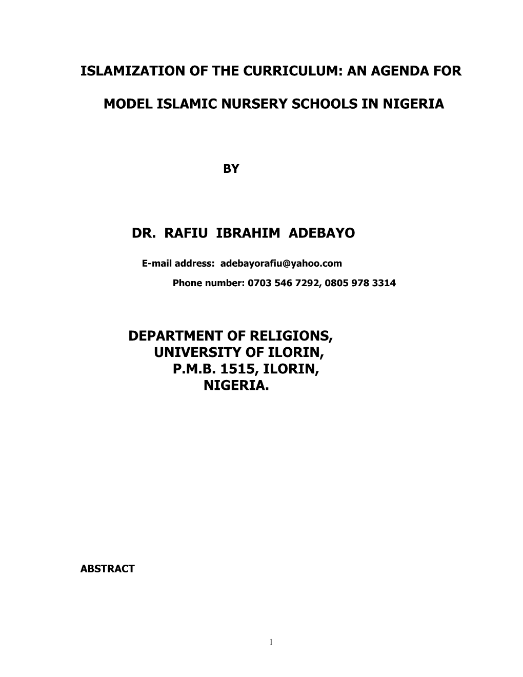 Islamization of the Curriculum: an Agenda for Model Islamic Nursery Schools in Nigeria