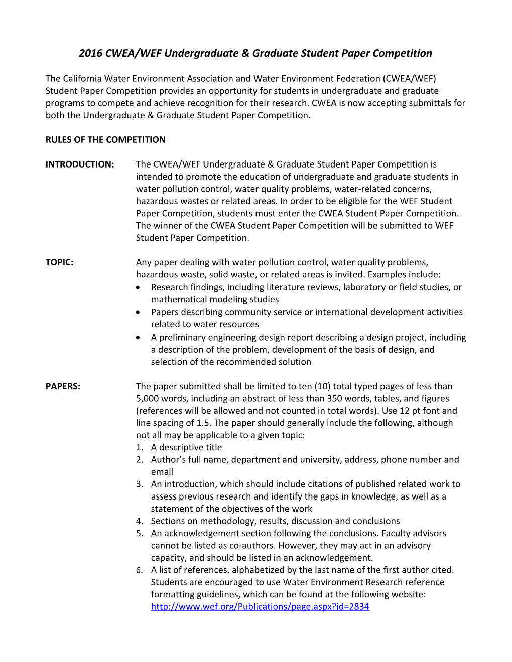 2016CWEA/WEF Undergraduate & Graduate Student Paper Competition