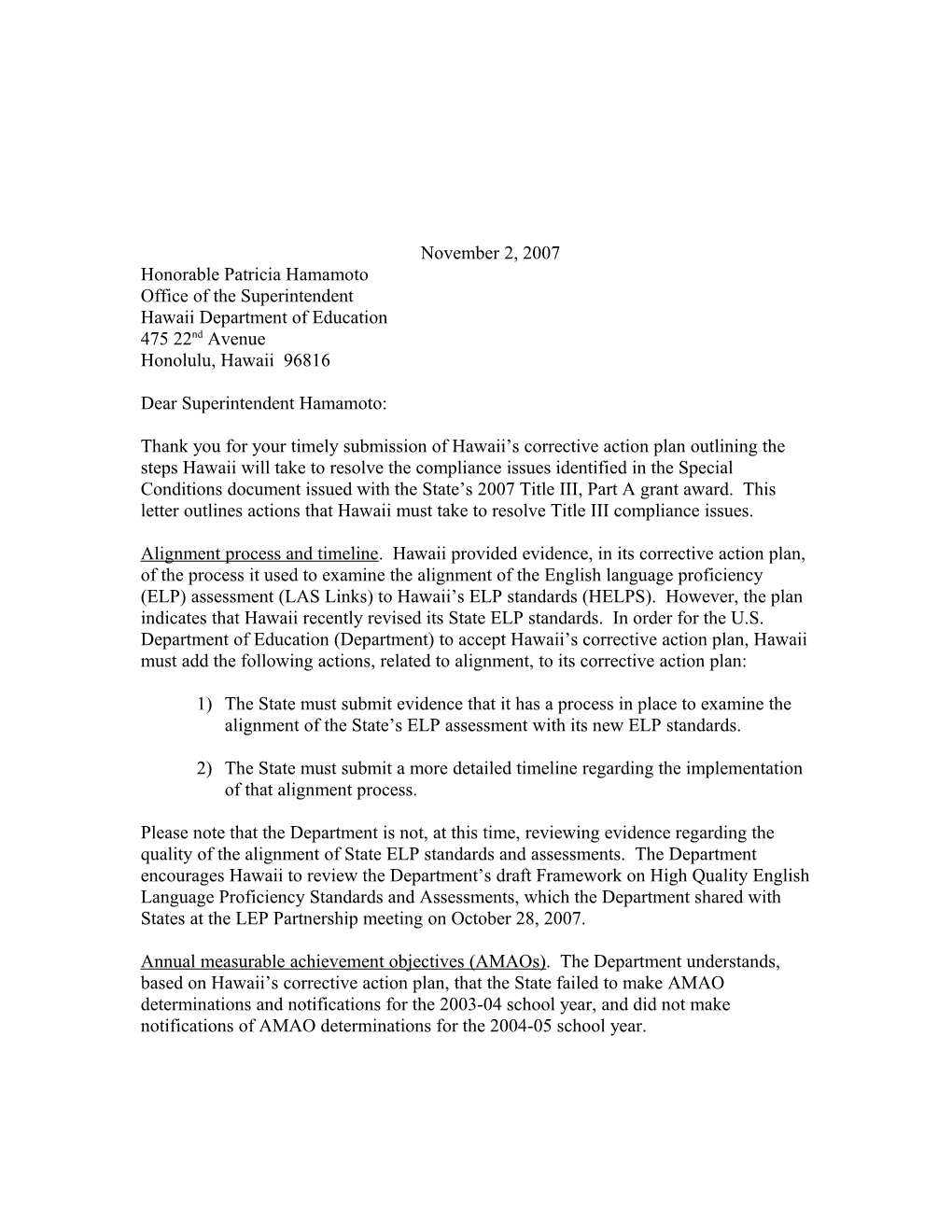 Letter Regarding the Title III, Part a Grant Award Made to Hawaii MS Word