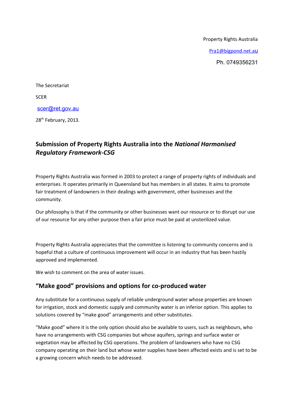 Submission of Property Rights Australia Into the National Harmonised Regulatory Framework-CSG