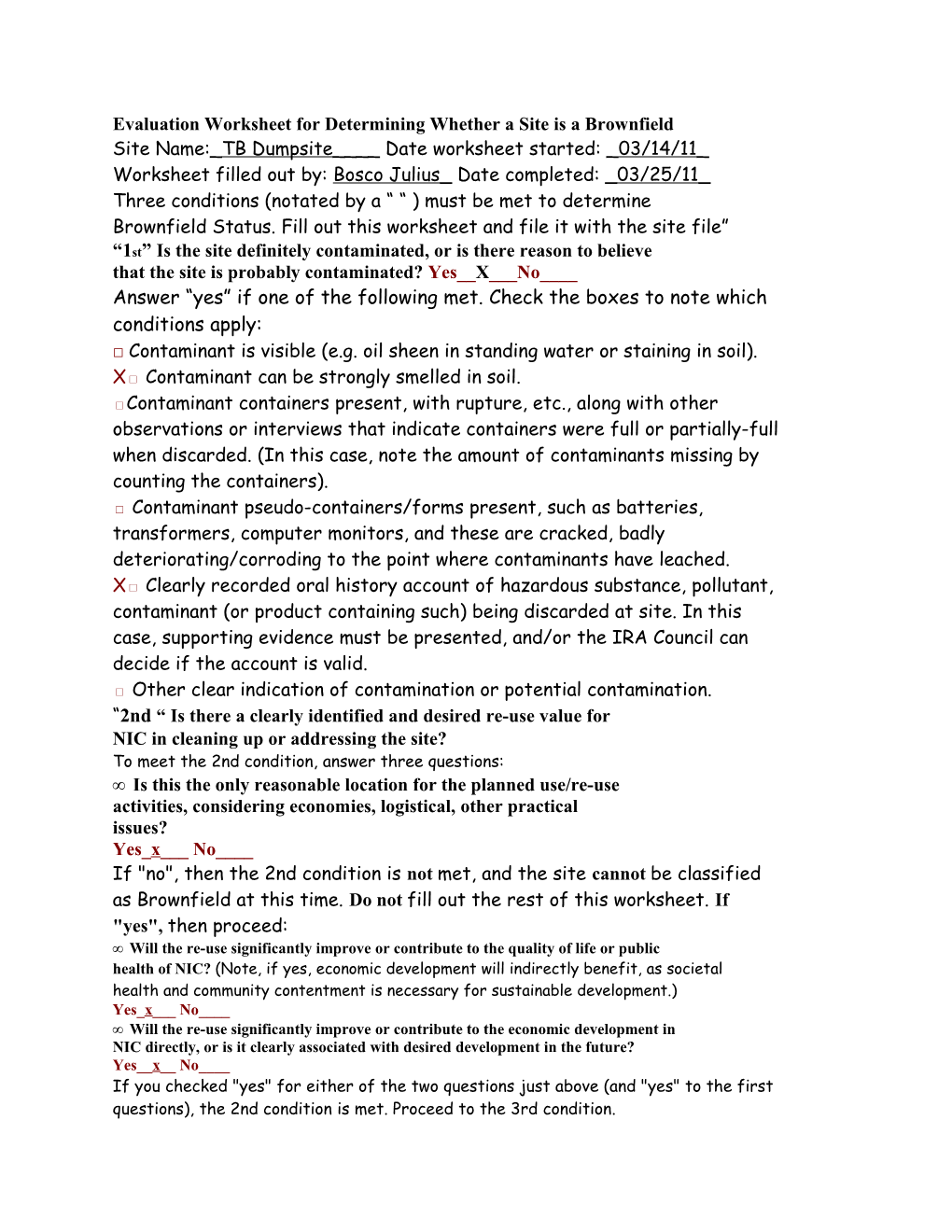 Evaluation Worksheet for Determining Whether a Site Is a Brownfield