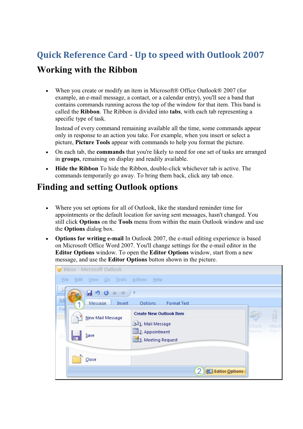 Quick Reference Card - up to Speed with Outlook 2007