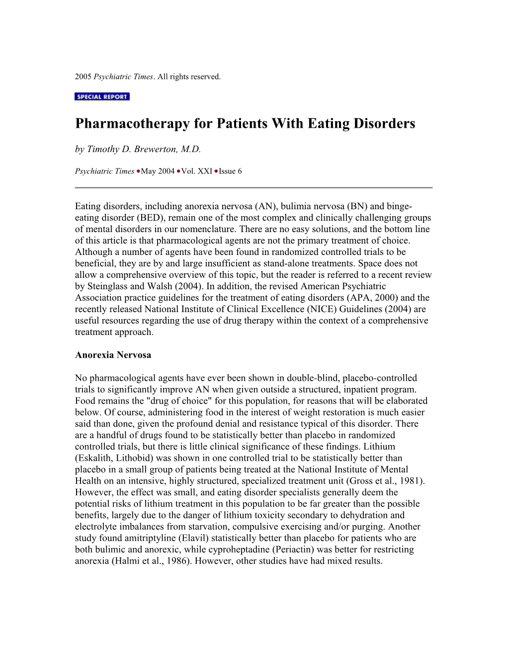 Pharmacotherapy for Patients with Eating Disorders