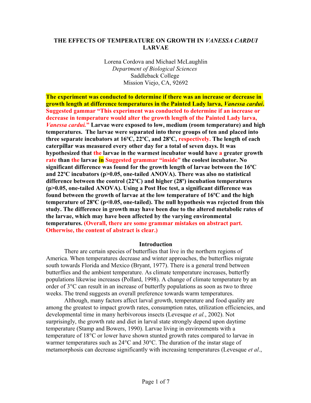 The Effects of Temperature on the Growth Rate in Painted Lady Larvae (Vanessa Virginiensis)