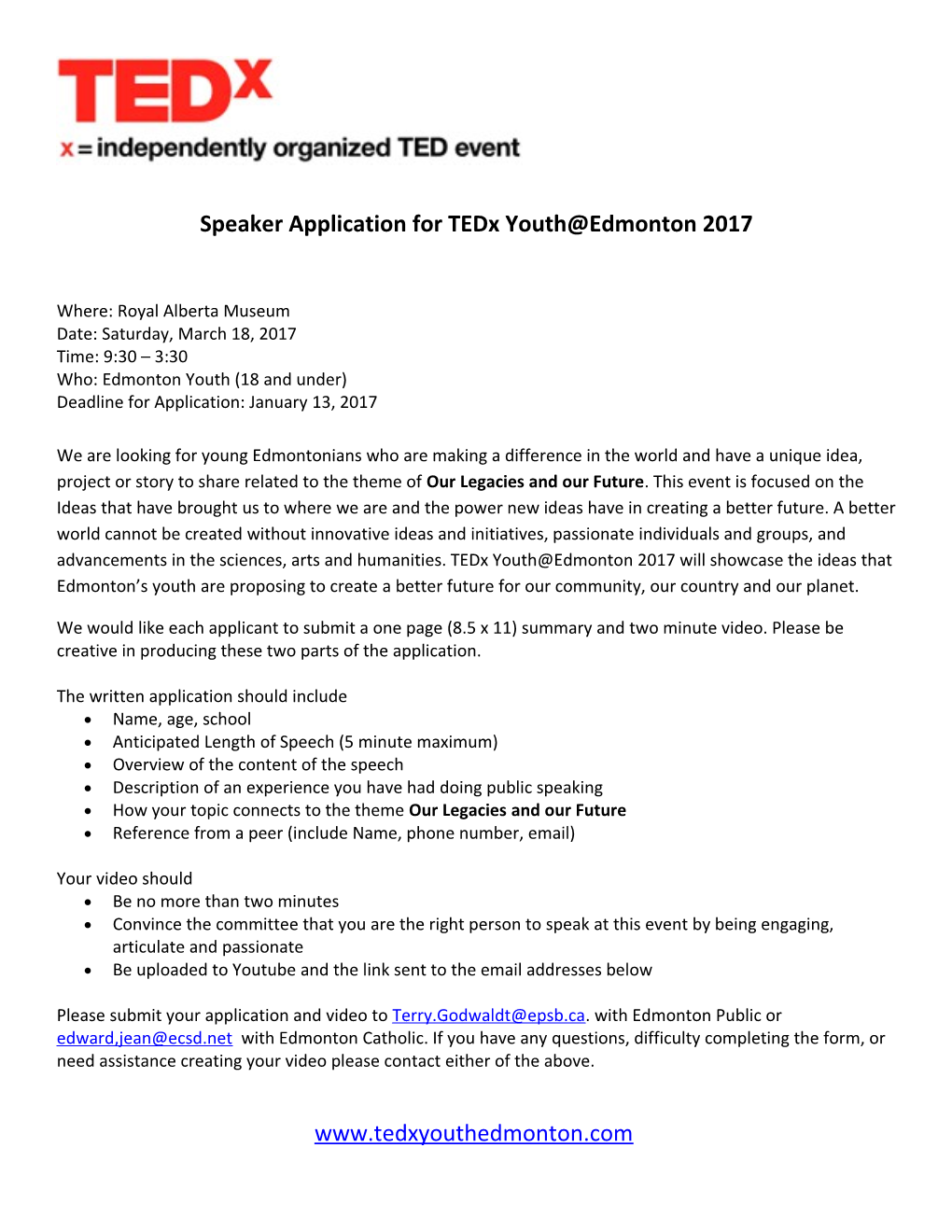 Speaker Application for Tedx Youth Edmonton 2017