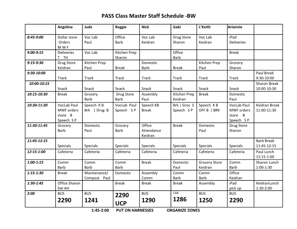 PASS Class Master Staff Schedule -BW