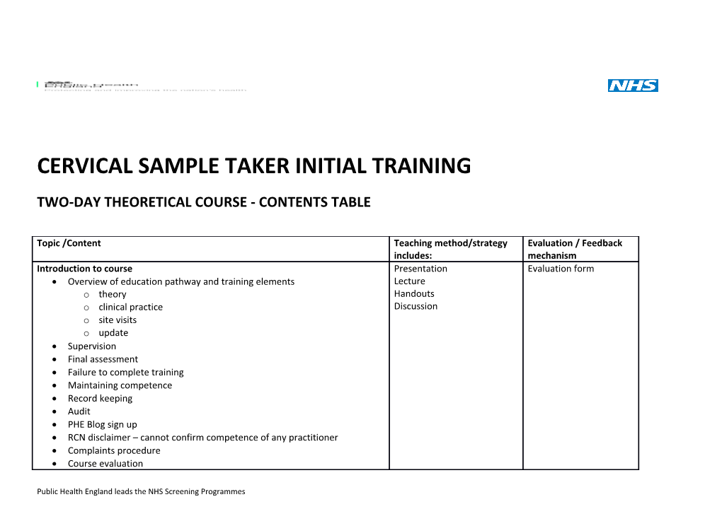 Cervical Sample Taker Initial Training