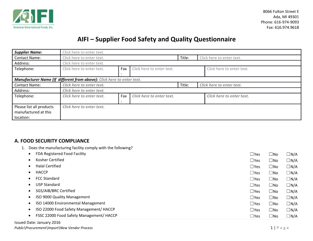 AIFI Supplier Food Safety and Quality Questionnaire