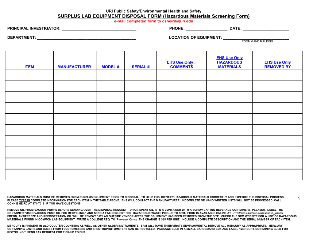 Equipment Disposal List