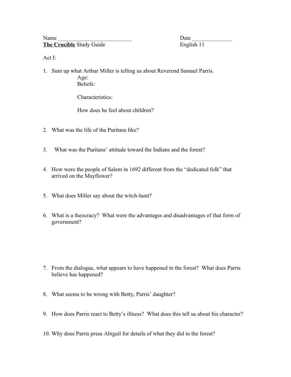 The Crucible Study Guide English 11