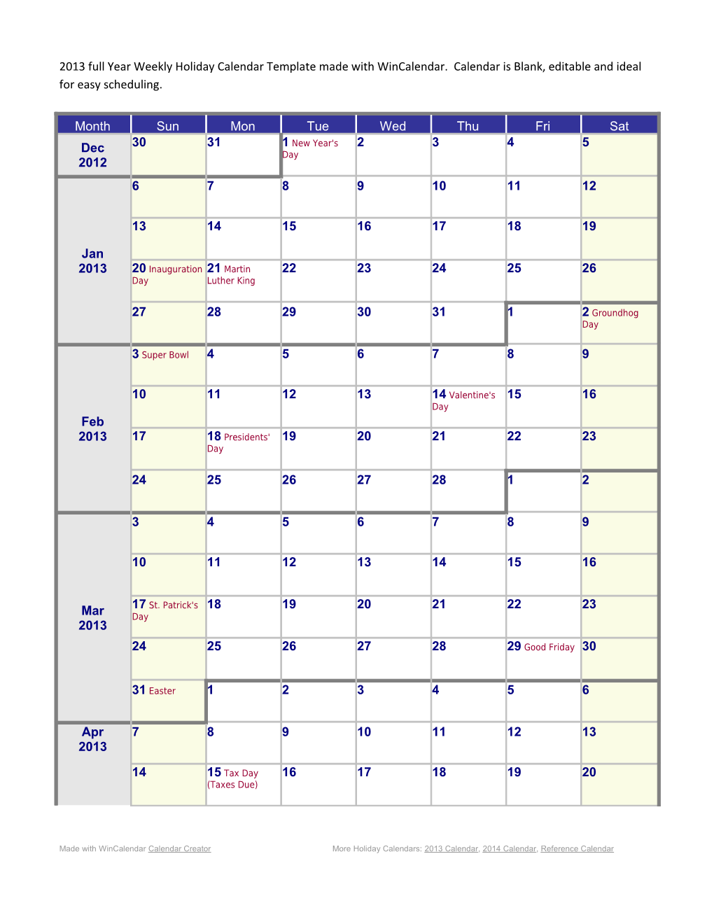 Weekly Calendar for 2013 with Holidays