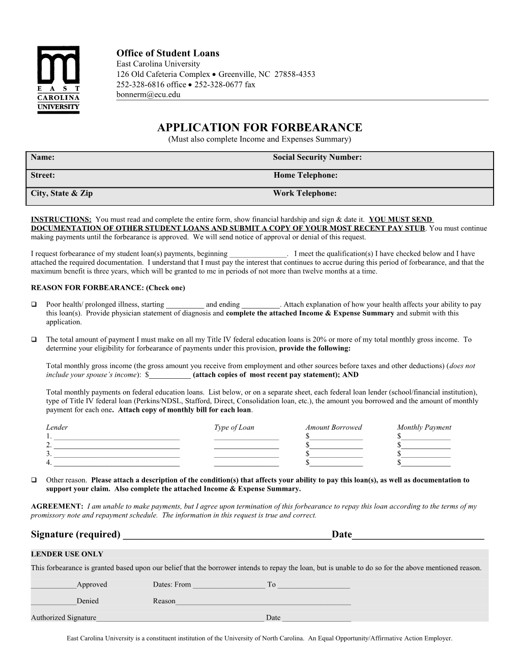 Application for Forbearance